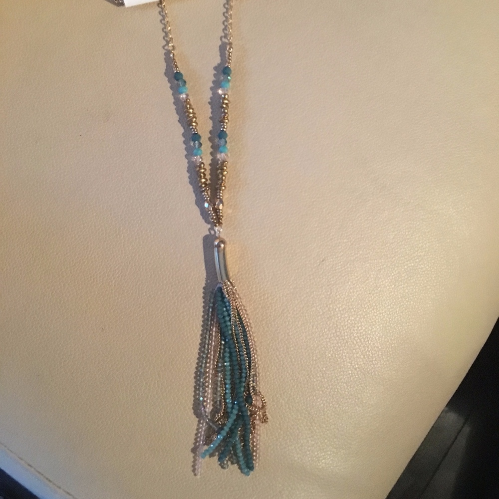 Ellen Tracy Mixed Stones Long Tassel Necklace Blue